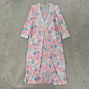 VTG Olga Floral Lace Trim Satin Nightgown Robe Pink Blue Womens Medium